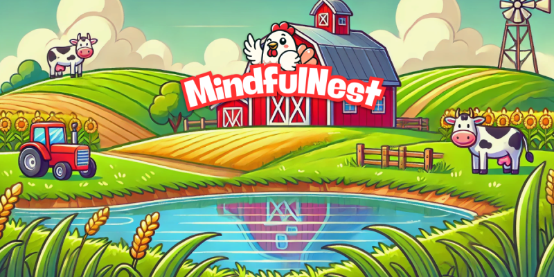 MindfulNest game environment with farm, chickens, and barn